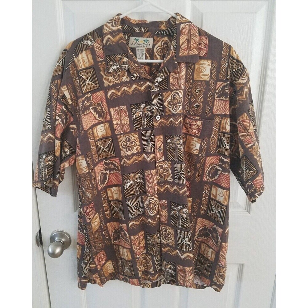 Kona Kai Trading Company Mens Casual Button Short Sleeve Brown Hawaiian Size L